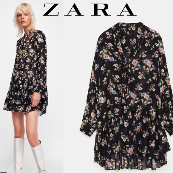 Zara Woman Tunic/Mini Dress with Neck Tie Floral and Hem Ruffle Print Size Med - Picture 1 of 9
